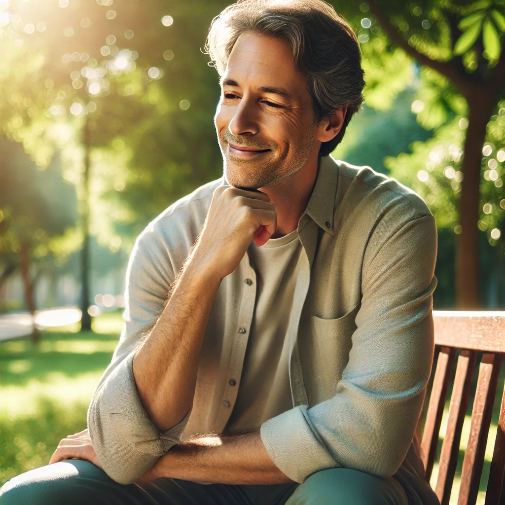 Hombre de la mediana edad pensando con una sonrisa.